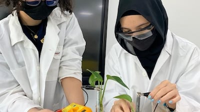 Nada Nafisa and Aya Al Zayed working on their Eco-current project. Photo: Al Khaleej International School