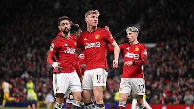 Rasmus Hojlund celebrates scoring Manchester United's fourth goal during the 4-1 Premier League win over Sheffield United at Old Trafford in Manchester, England, on April 24, 2024. AFP