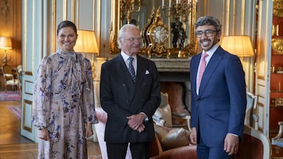 Sheikh Abdullah bin Zayed, Deputy Prime Minister and Minister of Foreign Affairs, with King Carl XVI Gustaf of Sweden and Crown Princess Victoria Ingrid Alice Desiree of Sweden. Photo: Wam