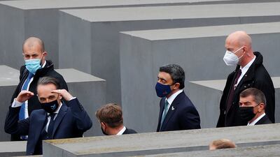 Sheikh Abdullah bin Zayed, Minister of Foreign Affairs and International Co-operation and his Israeli counterpart Gabi Ashkenazi visit the Holocaust memorial together with German Foreign Minister Heiko Maas prior to their historic meeting in Berlin, Germany. Reuters
