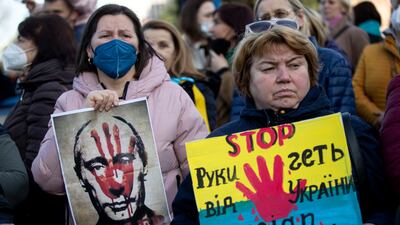 Ukrainians protest in front of the Russian embassy in Rome, Italy. EPA