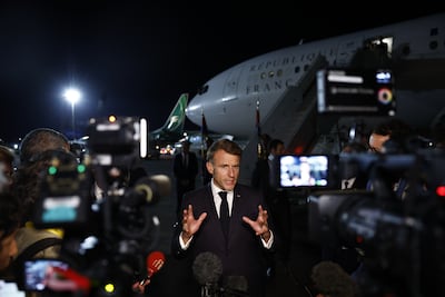 French President Emmanuel Macron speaks to journalists after attending the Gaza Peace Summit in Sharm El Sheikh, Egypt. EPA