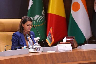 Libya's Foreign Minister Najla Al Mangoush speaks during a ministerial meeting of Libya's neighbouring countries in Algiers, Algeria.