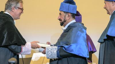 Sheikh Dr Sultan bin Muhammad Al Qasimi receives his honorary doctorate from Rafael Garesse, the dean of Universidad Autónoma de Madrid (Autonomous University of Madrid). Courtesy Sharjah Media Office