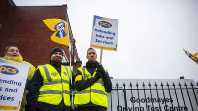 Driving examiners on a PCS picket line outside Goodmayes Driving Test Centre in London. EPA