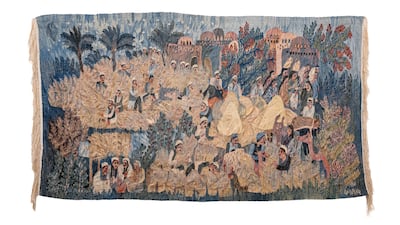 Garya Mahmoud, The Fields and the Village (1987). Handwoven tapestry, 132 x 234 cm. Collection of Barjeel Art Foundation, Sharjah. Photo: Catalin Marin