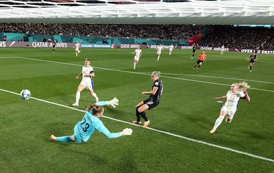 Hannah Wilkinson scores for New Zealand against Norway. Getty