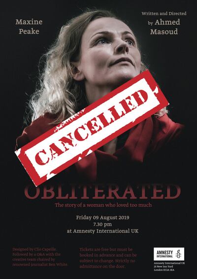 The play's original poster, with the cancellation notice now pasted across it. Courtesy Ahmed Masoud
