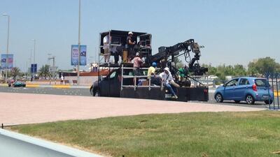 Filming for Bollywood movie Bang Bang takes place along the Breakwater in Abu Dhabi on Friday. Courtesy of Christine Iyer