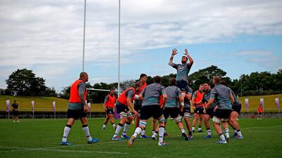 Scotland's players practice a line out in a training session for Rugby World Cup in Hamamatsu, Japan, on Monday, October 7. AFP