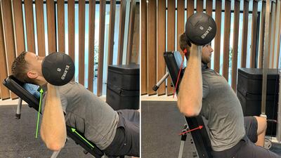 During a shoulder press, lean back on a bench to work your shoulders in a more favourable range of motion. This will prevent working the shoulders at end ranges where possibility for compensation is greater. Courtesy Diversified Integrated Sports Clinic