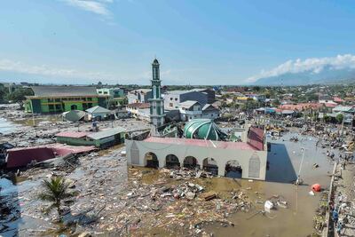 An aerial view of the Baiturrahman mosque which was hit by a tsunami, after a quake in West Palu, Sulawesi. Reuters
