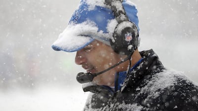 Detroit head coach Jim Schwartz, covered in snow. Matt Rourke / AP