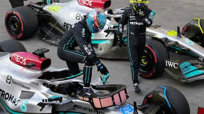 George Russell celebrates winning the sprint race at the Interlagos racetrack. AP