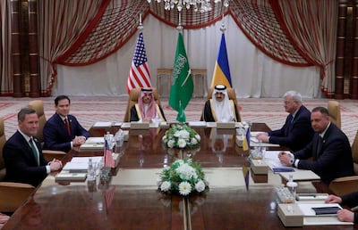 Saudi Foreign Minister Prince Faisal bin Farhan and National Security Adviser Mosaad Al Aiban attend the talks in Jeddah, alongside, from left, US National Security Adviser Mike Waltz, US Secretary of State Marco Rubio, Ukrainian Foreign Minister Andrii Sybiha and the head of Ukraine's Presidential Office, Andriy Yermak. Reuters