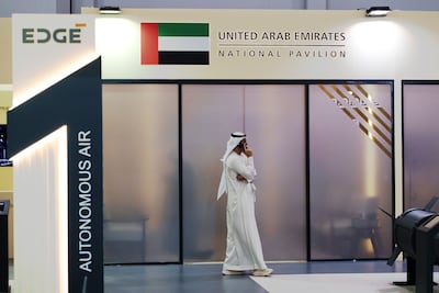The flag of the United Arab Emirates near the Edge Group pavilion at the Saha expo. Bloomberg