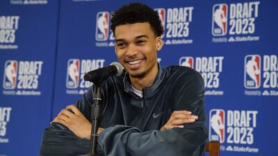 French basketball player Victor Wembanyama speaks during a press event ahead of the NBA draft, in New York City on June 21, 2023. A new era for basketball gets under way on June 22, when Wembanyama is set to be chosen by the San Antonio Spurs with the top pick in the NBA Draft. (Photo by TIMOTHY A. CLARY / AFP)