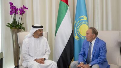 Sheikh Mohammed bin Zayed, Crown Prince of Abu Dhabi and Deputy Supreme Commander of the Armed Forces, yesterday received Nursultan Nazarbayev, president of Kazakhstan. Mohamed Al Hammadi / Crown Prince Court – Abu Dhabi