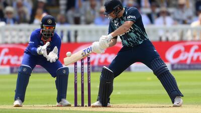 Jonny Bairstow plays a shot as India wicketkeeper Rishabh Pant looks on. Getty