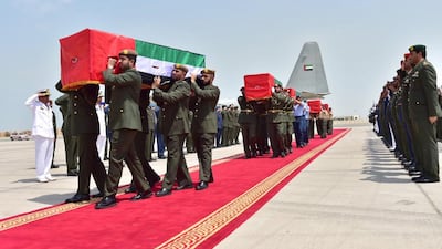 The soldiers' bodies were received with full ceremony at Al Bateen Executive Airport in Abu Dhabi, attended by senior Armed Forces officers. Wam