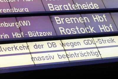 A display board in Hamburg's main station indicates the strike called by the train drivers' union GDL. Getty