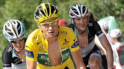 Thomas Voeckler, centre, leads the Tour de France going in today’s stage 16.