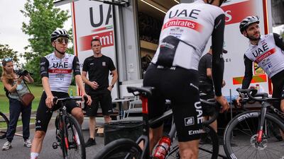 Tadej Pogacar waits before a team training session in Bilbao. AFP