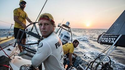 Luke Parkinson pumps on the running backstay as the breeze builds around one of the islands at the top of Sumatra. Matt Knighton/Abu Dhabi Ocean Racing/Volvo Ocean Race