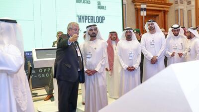 Sheikh Mohammed bin Rashid tours the Future Investment Initiative on the second day of the conference. Dubai Media Office / Wam