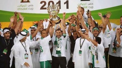 Al Shabab celebrate victory in the Etisalat Cup last month. Shadi Malkawi / Al Ittihad