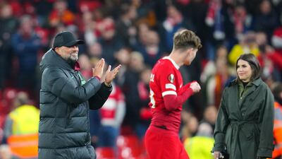 Liverpool manager Jurgen Klopp applauds supporters at Anfield. AP