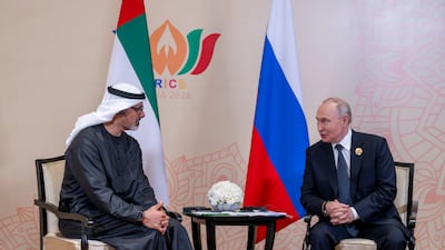 Sheikh Khaled bin Mohamed, Crown Prince of Abu Dhabi, meets Russia's President Vladimir Putin during the Brics summit in New Delhi. Photo: Abu Dhabi Media Office