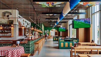 The interior at German restaurant Ernst is dominated by a maypole in the colours of the Bavarian flag. Photo: Ernst