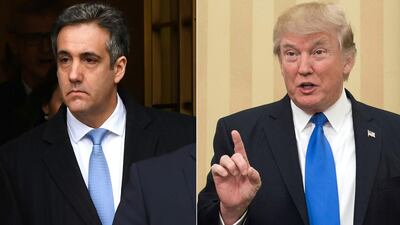 US President Donald Trump, right, speaking in the Oval House; disgraced former lawyer Michael Cohen, left. Timothy Clary and Nicholas Kamm / AFP