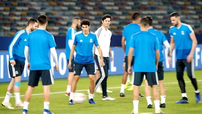 Santiago Solari oversees his Real Madrid side in training on Tuesday in Abu Dhabi. EPA