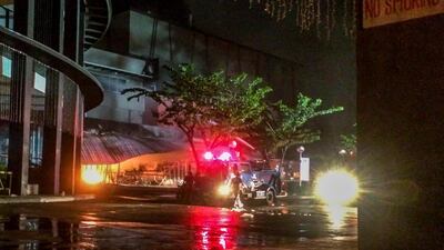 epa07925822 Firefighters try to extinguish fire in a burning mall caused by a Magnitude 6.4 earthquake in General Santos city, Philippines, 16 October 2019. According to local reports, several people are injured after the magnitude 6.4 earthquake struck southern Philippines. EPA/RIC TARTADO