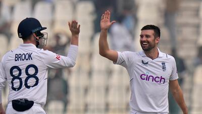 England bowler Mark Wood celebrates after taking the wicket of Pakistan's Zahid Mahmood for a duck. AP