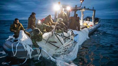 A suspected Chinese surveillance balloon is recovered off the South Carolina coast, after it was shot down by the US over the Atlantic. AFP
