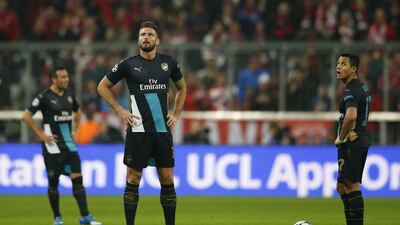 Arsenal's Olivier Giroud and Alexis Sanchez look dejected during their Champions League loss to Bayern Munich on Wednesday in the Champions League. John Sibley / Action Images / Reuters / November 4, 2015
