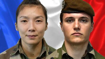 Sgt Yvonne Huynh and Brig Loic Risser were killed by an improvised explosive device. French Army via AFP