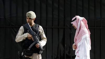 A border police officer guards the entrance to the Saudi Embassy in Buenos Aires, Argentina, Wednesday, Nov. 28, 2018. Saudi Crown Prince Mohammed bin Salman arrived to Argentina on Wednesday morning ahead of his participation in the upcoming G20 Leaders' summit. (AP Photo/Natacha Pisarenko)