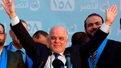 Iraq Prime Minister Haider Al Abadi, speaks during a campaign rally in Baghdad,Iraq. AP