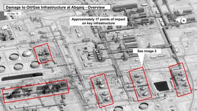 This image provided by the U.S. government and DigitalGlobe and annotated by the source, shows damage to the infrastructure at Saudi Aramco's Abaqaiq oil processing facility in Buqyaq, Saudi Arabia. The drone attack Saturday on Saudi Arabia's Abqaiq plant and its Khurais oil field led to the interruption of an estimated 5.7 million barrels of the kingdom's crude oil production per day, equivalent to more than 5% of the world's daily supply. AP