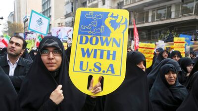 A rally in front of the former US Embassy in Tehran in 2015 marks the 36th anniversary of the seizure of the embassy by militant Iranian students. AP