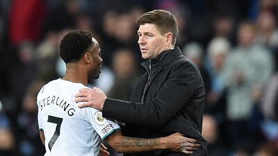Aston Villa manager Steven Gerrard with Raheem Sterling after the match. AFP
