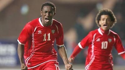 March 14, 2012 (Tashkent Uzbekistan) UAE's Ahmed Khalil celebrates after scoring the tying goal against Uzbekistan while Omar Abdulrahman looks on. UAE won the game 3-2 to qualify for the Olympics in Uzbekistan March 14, 2012. (Sammy Dallal / The National)