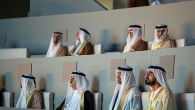 From right, bottom row, Sheikh Mohammed bin Rashid, Vice President and Ruler of Dubai, Sheikh Mohamed bin Zayed, Crown Prince of Abu Dhabi and Deputy Supreme Commander of the UAE Armed Forces, and Sheikh Saud bin Rashid Al Mualla, Ruler of Umm Al Quwain.