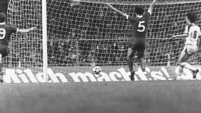 Ray Kennedy salutes Kenny Dalglish's winning goal as Liverpool win the European Cup with a 1-0 victory over Brugge in 1978. Getty