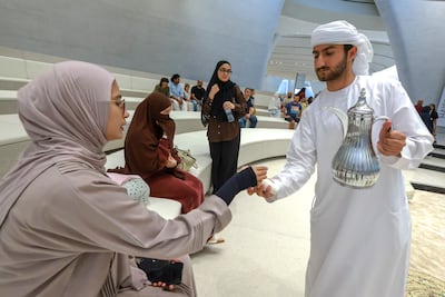 A traditional Emirati coffee preparation is being presented at the Zayed National Museum. Arab hospitality is one of the oldest and least theorised forms of soft power in the world. Victor Besa / The National