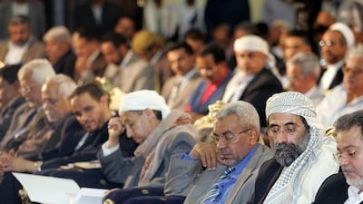 Yemeni opposition leaders attend a news conference held by the National Dialogue Committee yesterday in Sana'a.